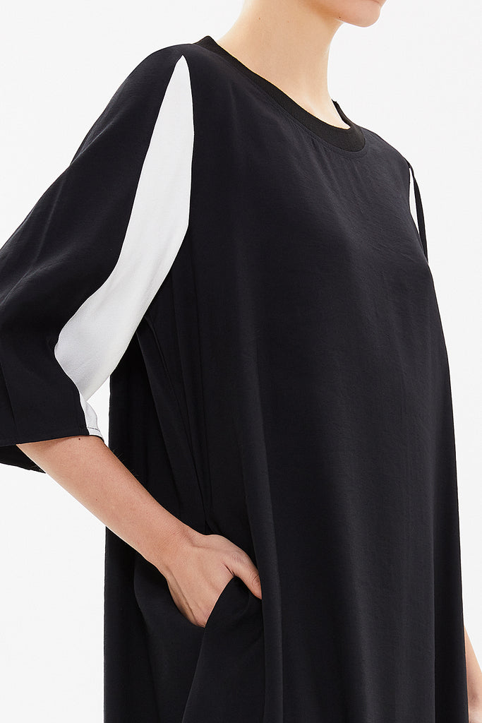 Black Contrast colour combined wide cut midi dress 92803
