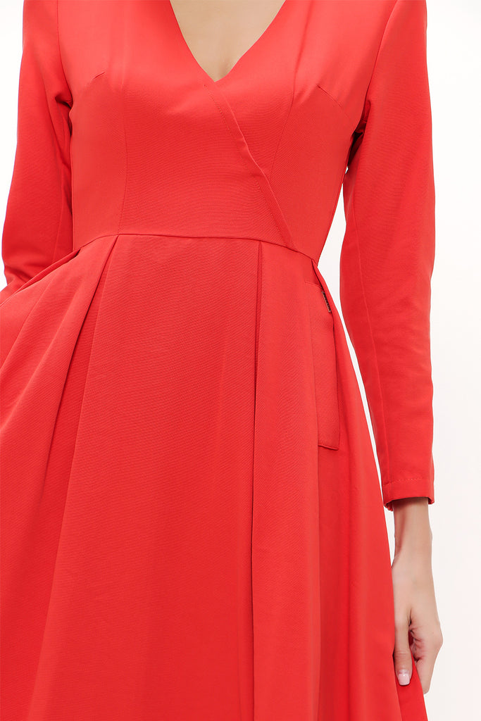 Red Belted V-neck midi dress 92545