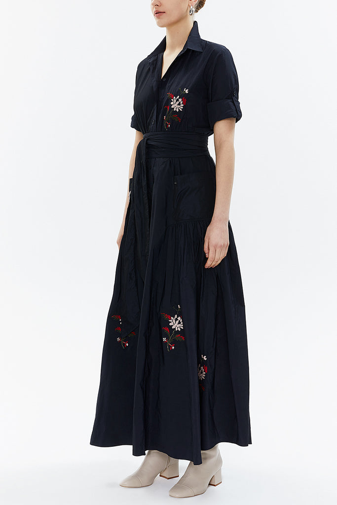 Navy Blue Embroidered maxi taffeta dress 94019