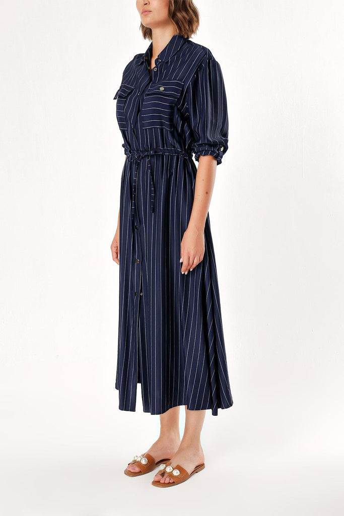 Navy Blue White Striped Lace up shirt  dress  93709