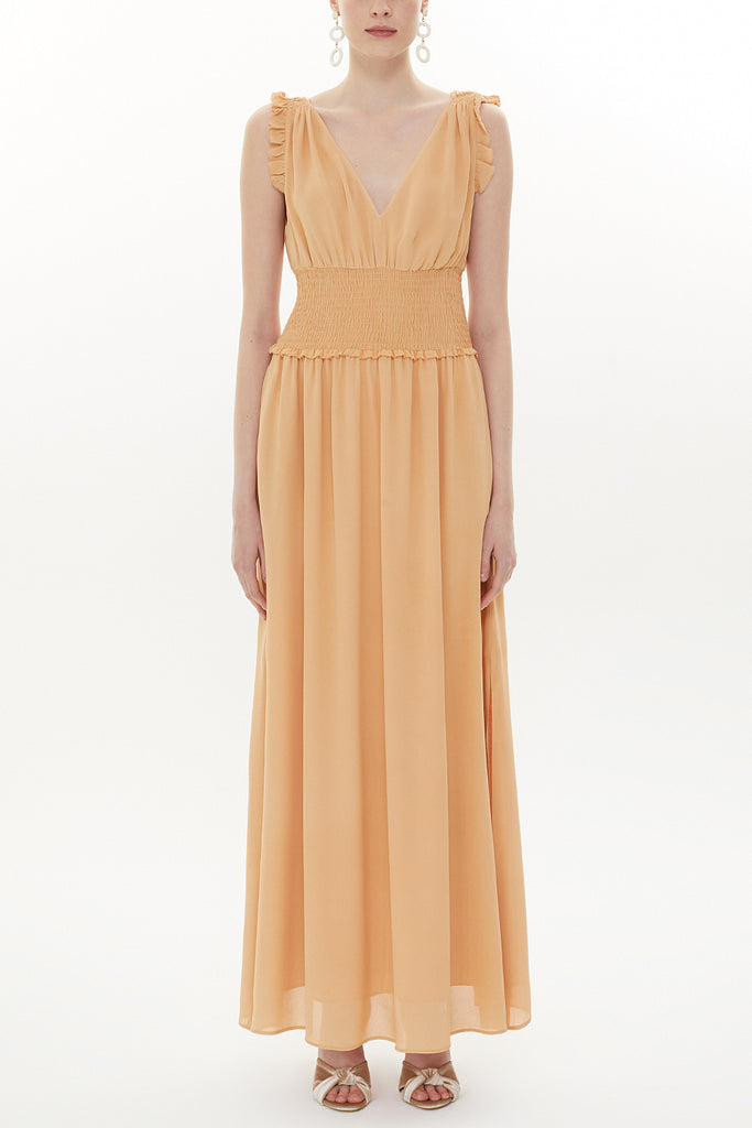 Camel Hair Elastic waist V neck sleeveless maxi dress 93348