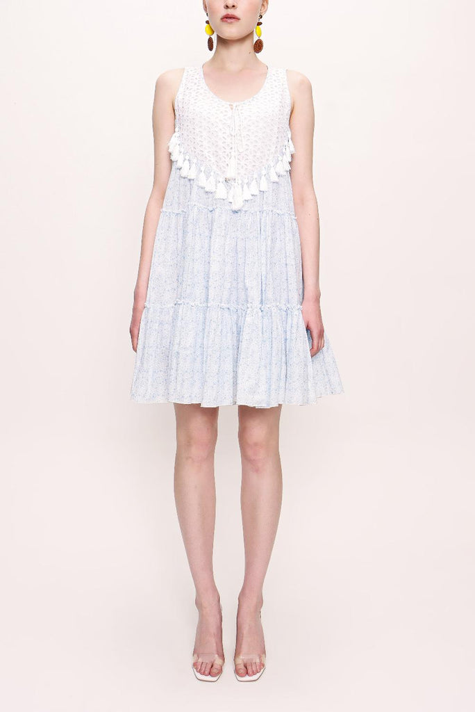 Blue Embroidered Pleated Poplin Dress 92795