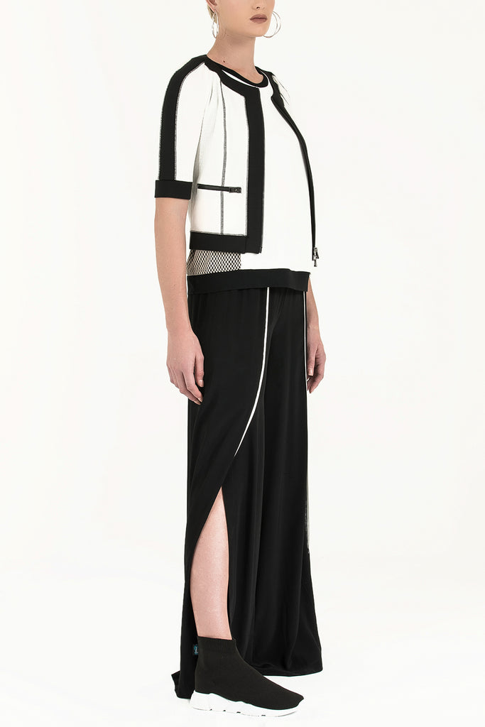 Fermuar Ve Dikişli Örme Ceket Beyaz-Siyah 60994