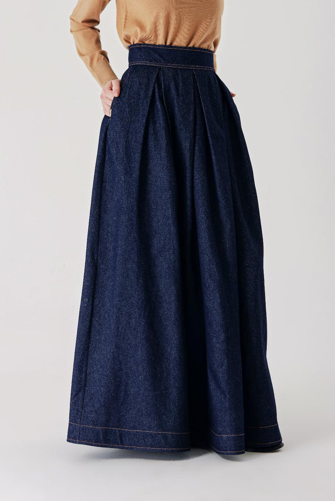 Navy Blue Long ruffled denim skirt 81288