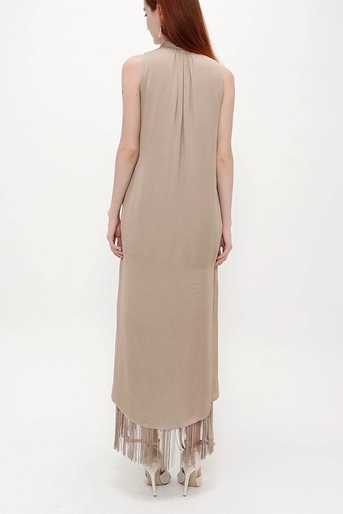 Camel Hair Sleeveless slit maxi dress with tassels 92698