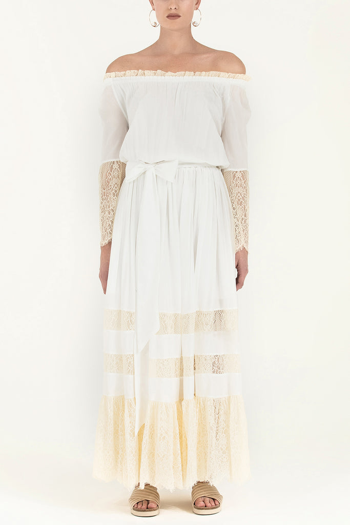 Dantelli Düşük Omuz Uzun Elbise 92291