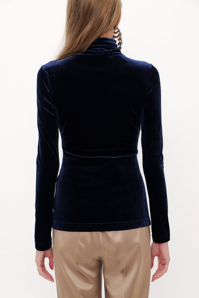 Navy Blue Turtleneck velvet blouse 19647