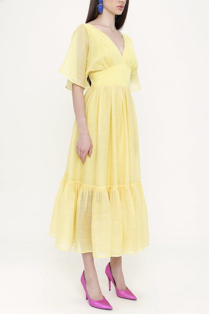 Yellow V neck pleated dress 93128