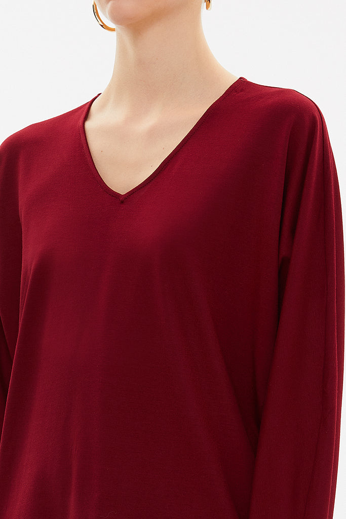 Burgundy V-neck  wide cut blouse  19784