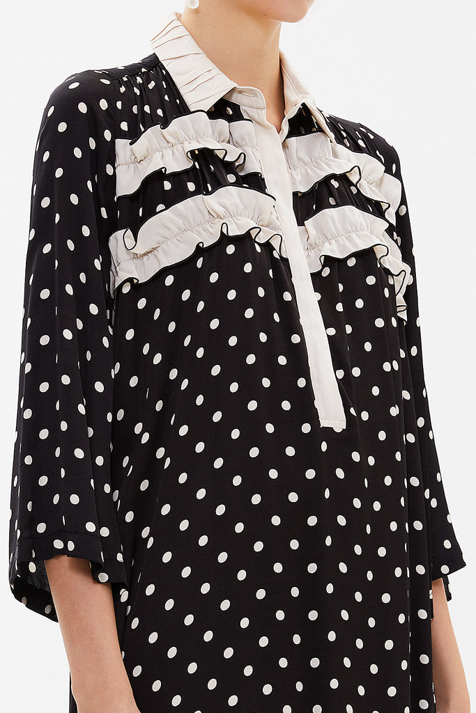 Black Button ruffle ribbon wide cut midi dress 92806