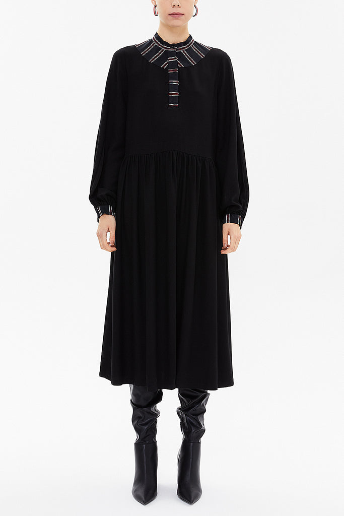 Black Red Patterned fabric combined, gathered midi dress 92484