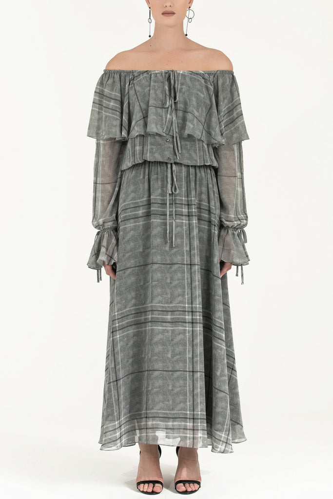 Valonlu Düşük Omuz Şifon Elbise Füme 92303