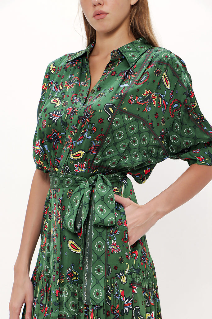 Green Balloon sleeve, gathered midi dress 92724