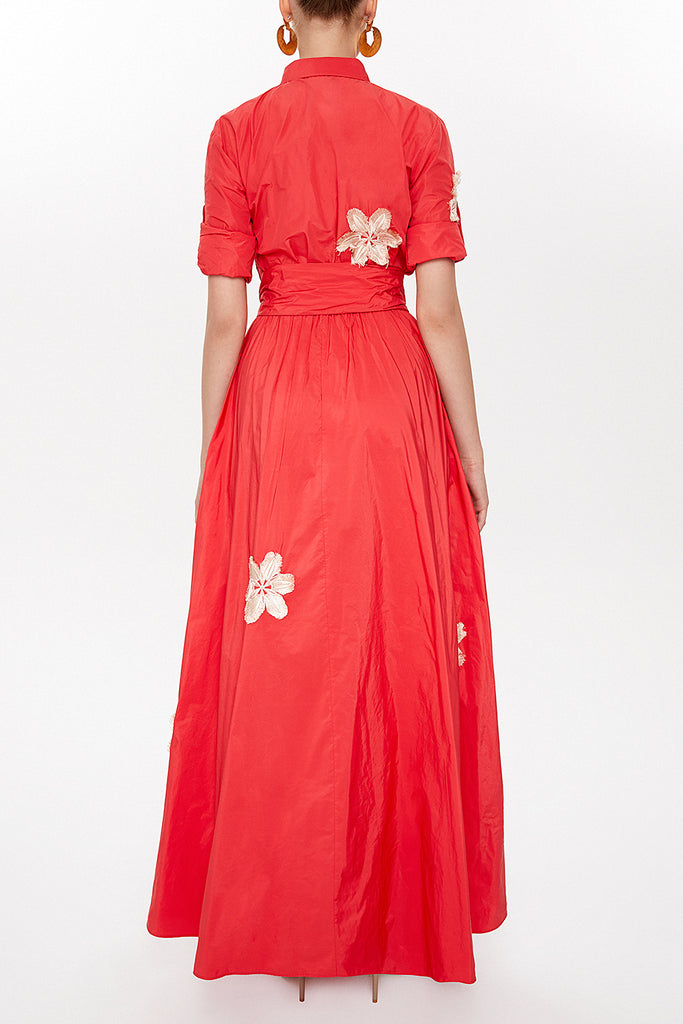 Red Embroidered, lace-up Pleated maxi dress 92917