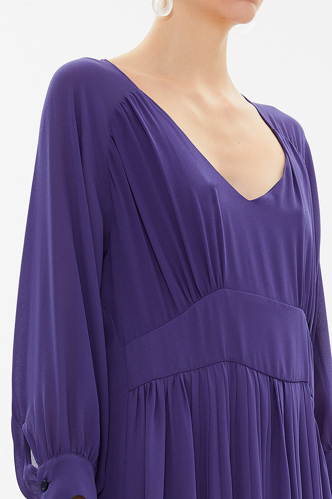 Blue V-neck Pleated wide cut midi dress 92479