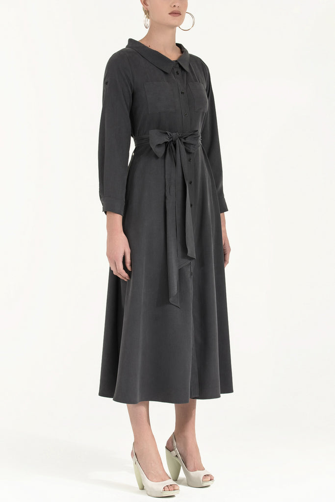 Kemerli Gömlek Elbise Füme 92302