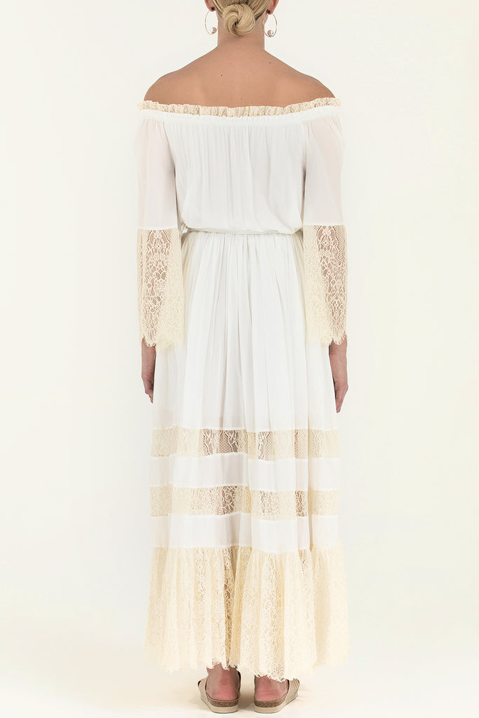 Dantelli Düşük Omuz Uzun Elbise 92291