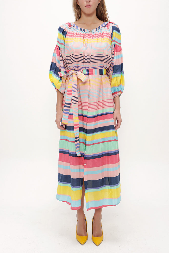 Striped Elastic balloon sleeve maxi dress 92718