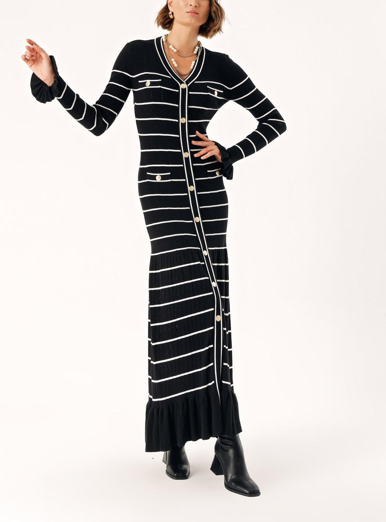 Black White Long tight dress with snap detail 28851