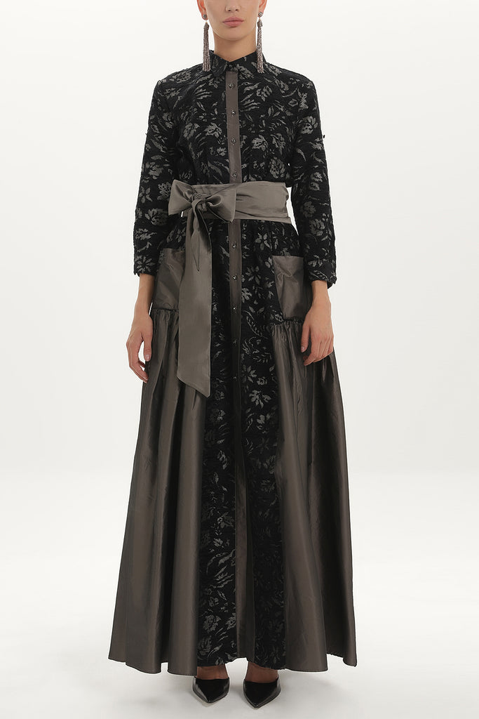 Black Taffeta fabric mixed maxi dress  92236