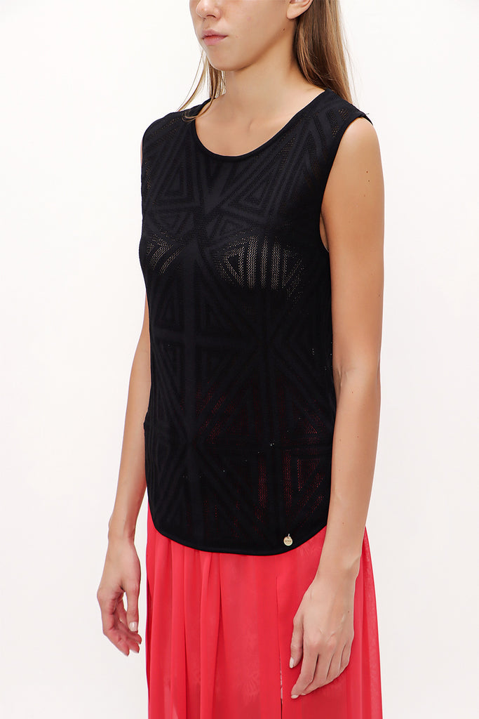 Black Printed woven  sleeveless blouse  28659