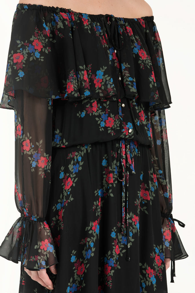 Valonlu Düşük Omuz Şifon Elbise Siyah 92303