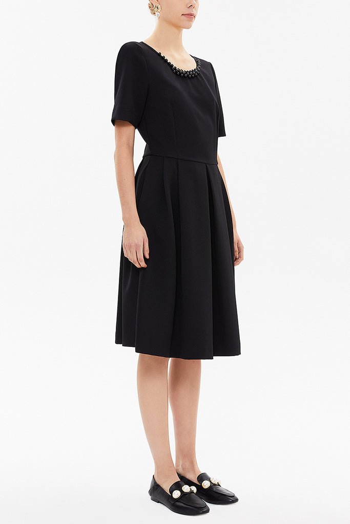 Black Pearl neck detail  Pleated  midi dress  92207
