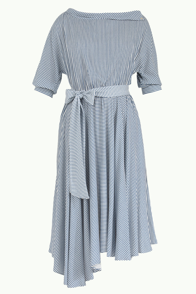 Asimetrik Kesim Düşük Omuz Desenli Elbise Lacivert 92271