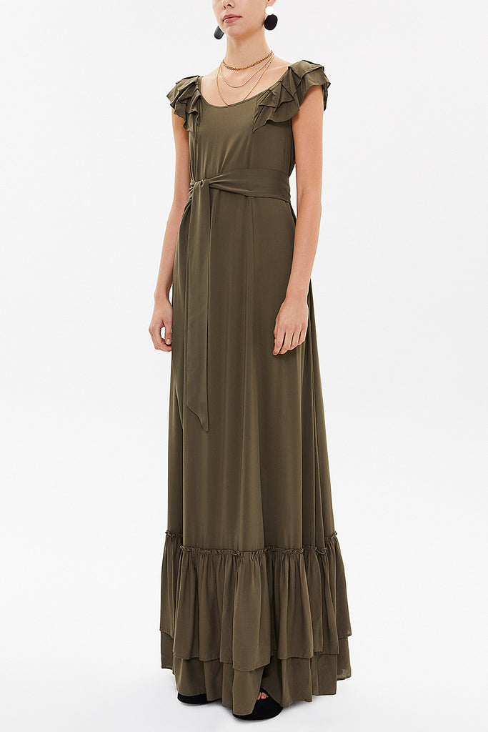 Khaki Ruffled shoulder maxi dress 92390