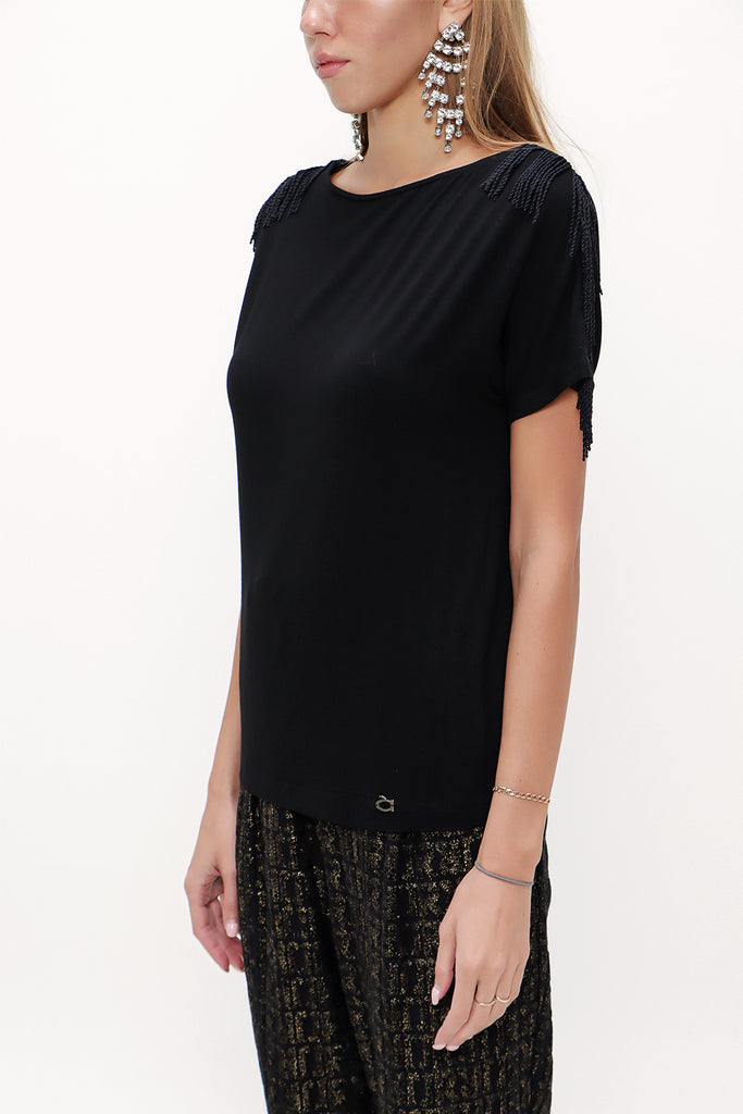 Black Shoulder tassel knit blouse 19324