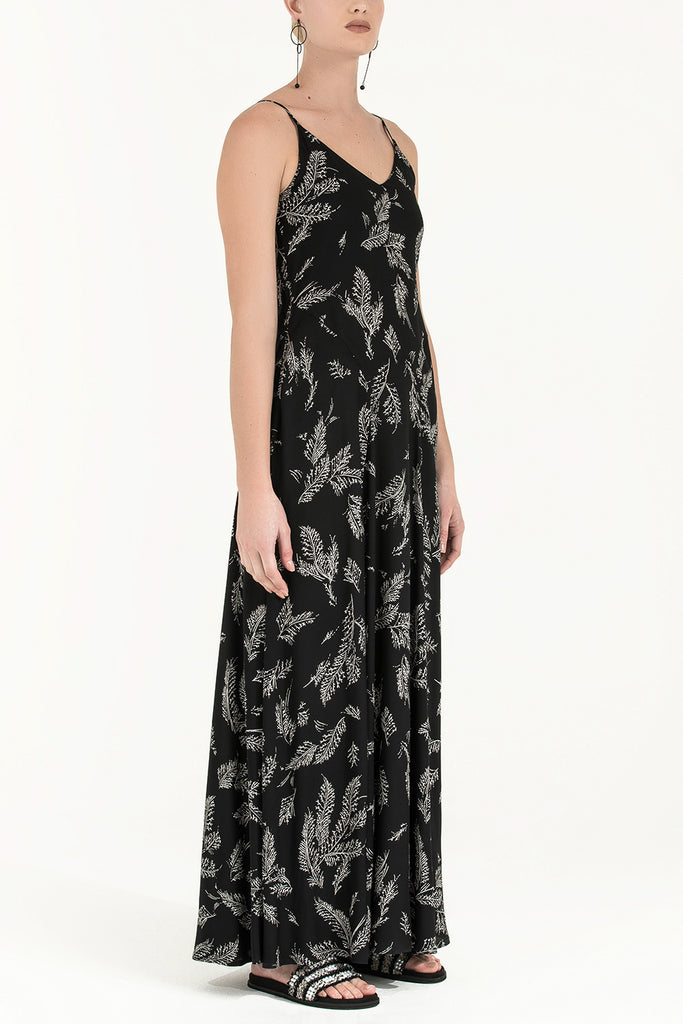 Askılı Desenli Uzun Elbise