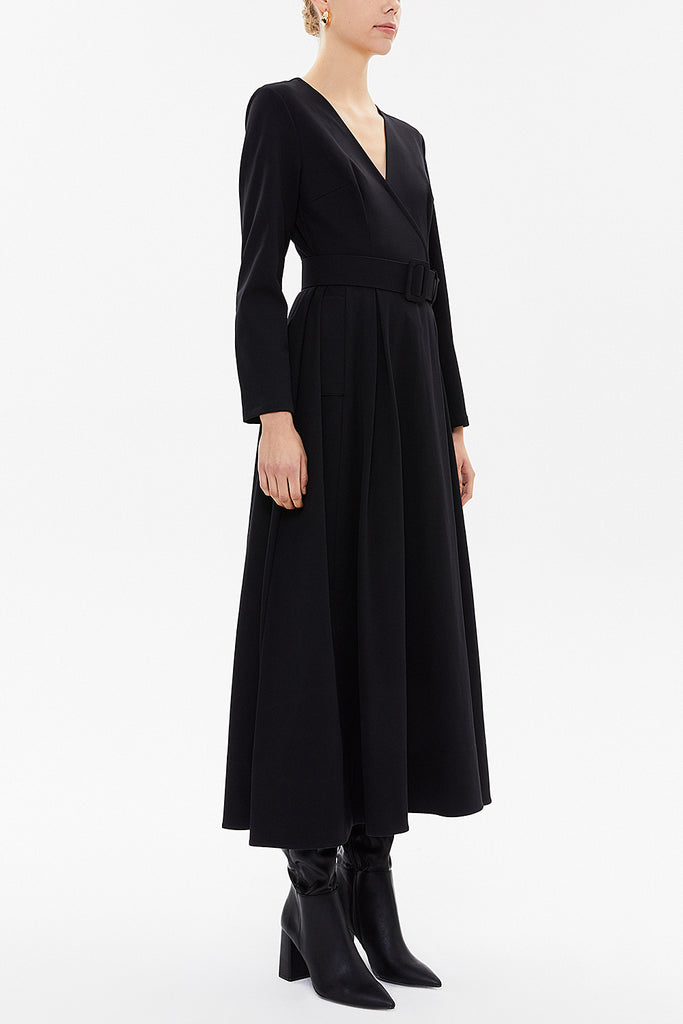 Black Belted V-neck midi dress 92545