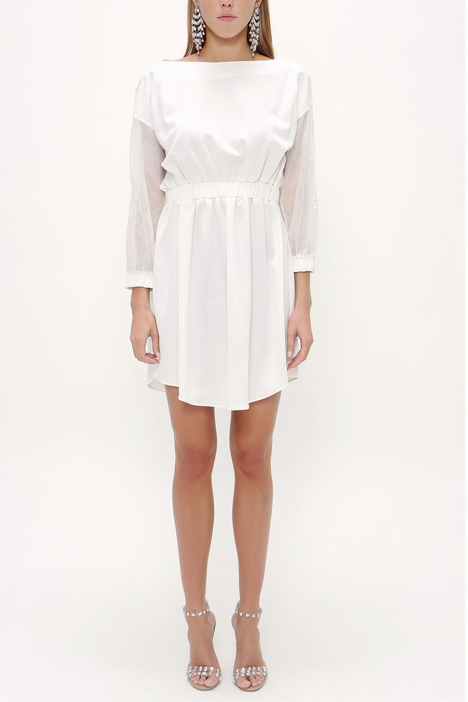 White Embroidered elastic  waist viscose mini  dress  92096