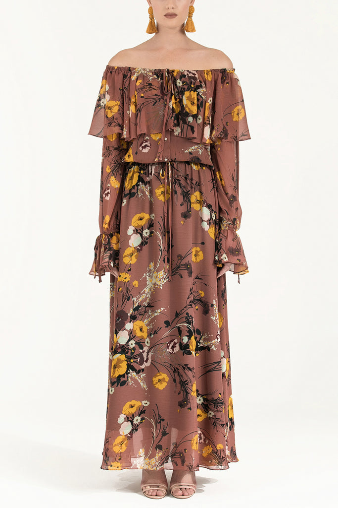 Volanlı Düşük Omuz Şifon Uzun Elbise 92303