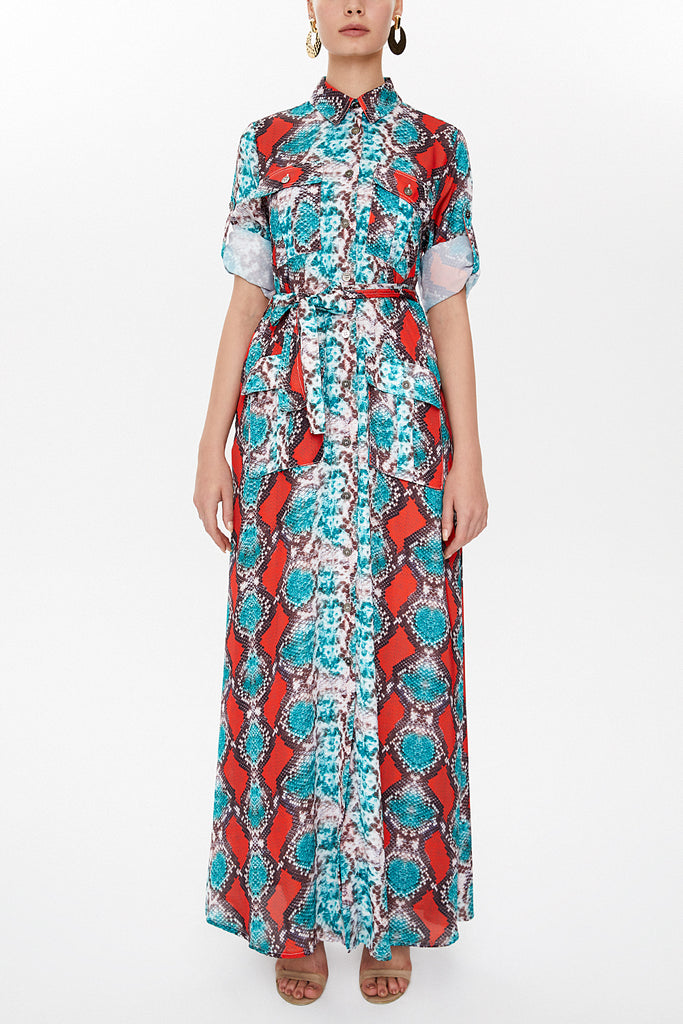 Red Printed belted maxi dress 92586