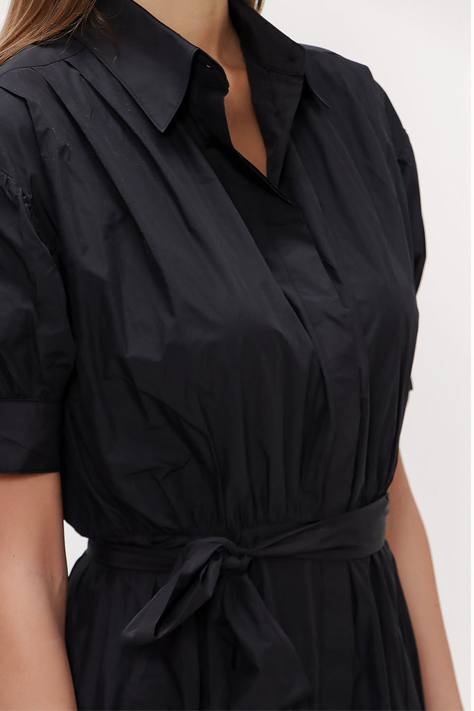 Black Balloon sleeve, gathered midi dress 92724