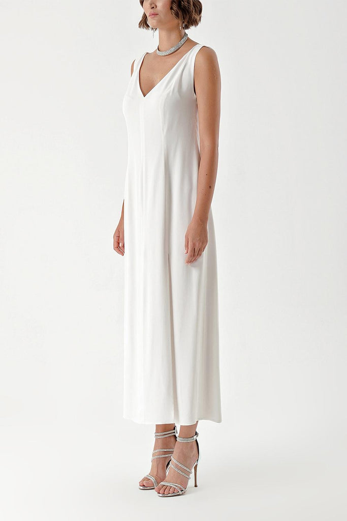 Beyaz Kolsuz V yaka yırtmaçalı elbise 94217