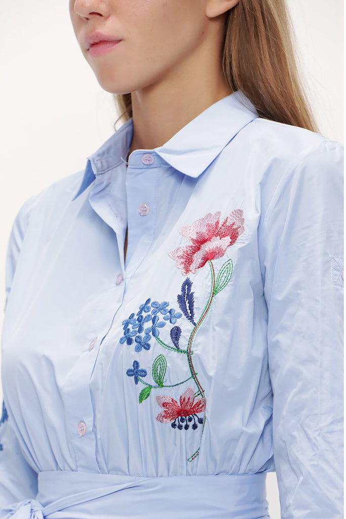 Light Blue Embroidered, lace-up Pleated maxi dress 92917