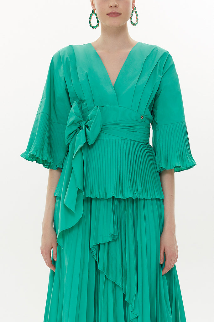 Green Pleated V-neck blouse 19822