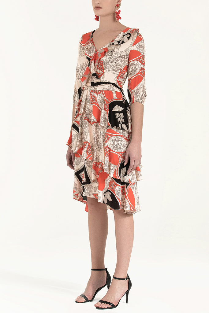 Asimetrik Kesim V Yaka Desenli Elbise Siyah 92268