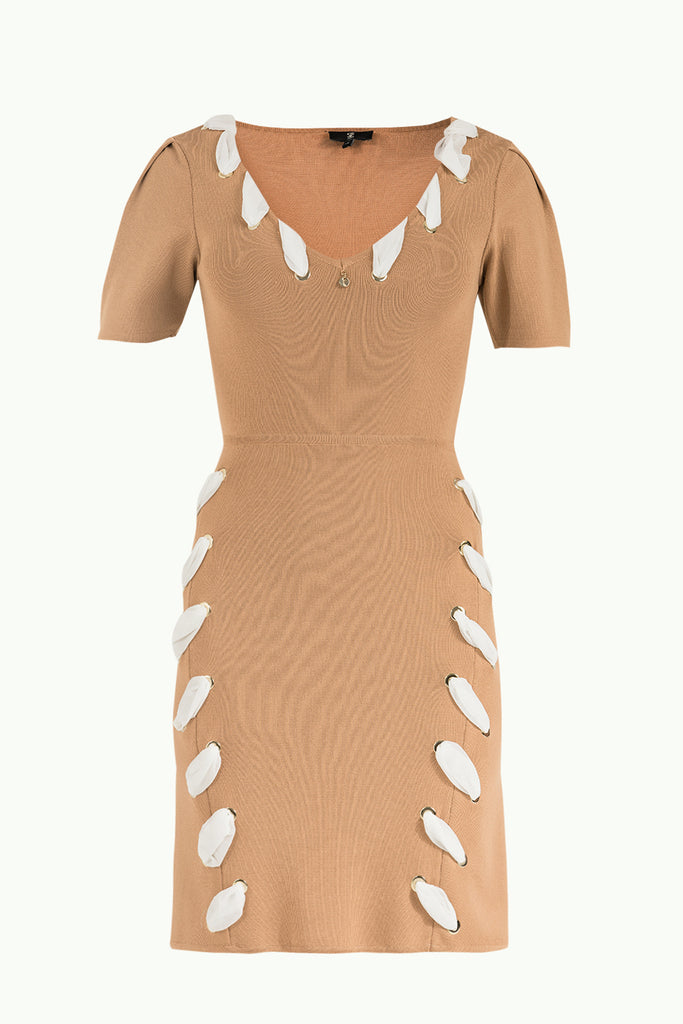 Kontrast Kumaşlı Triko Elbise Bej 28053