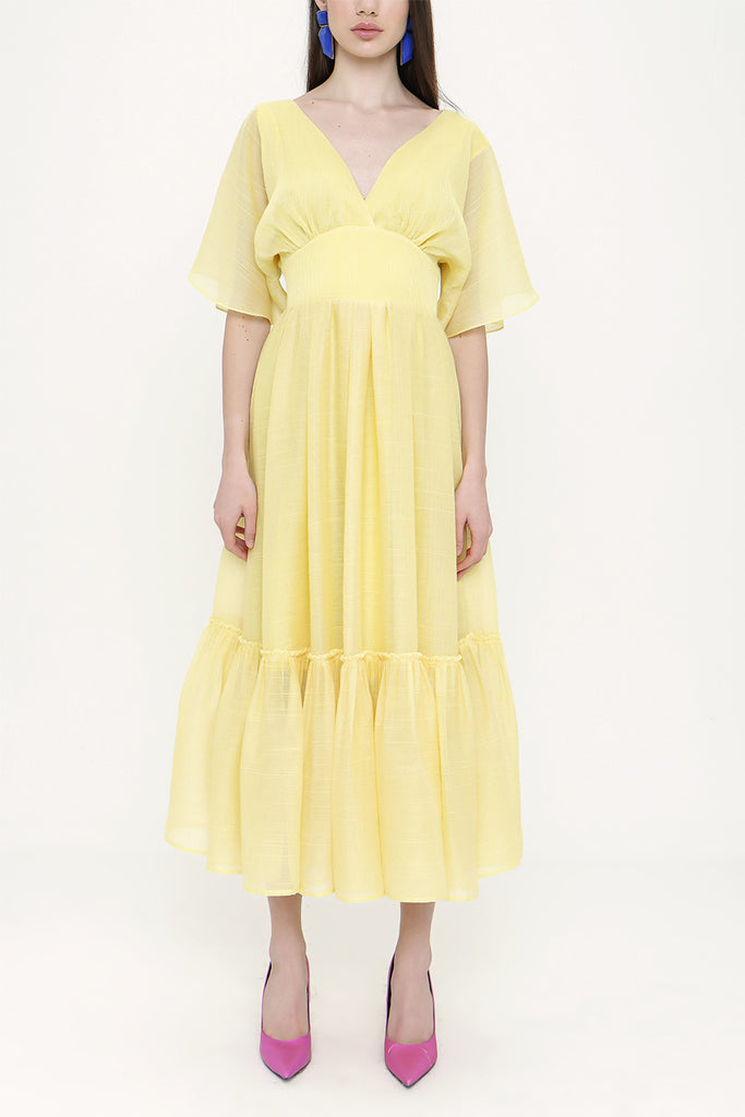 Yellow V neck pleated dress 93128