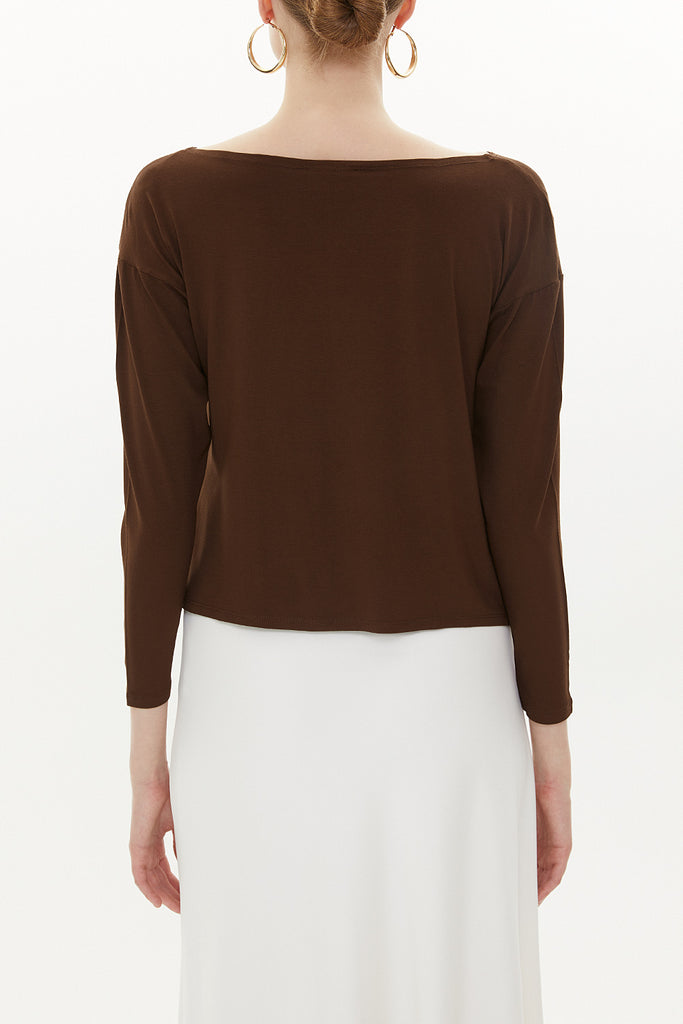 Brown Asymmetric snap fastener detail blouse 19818