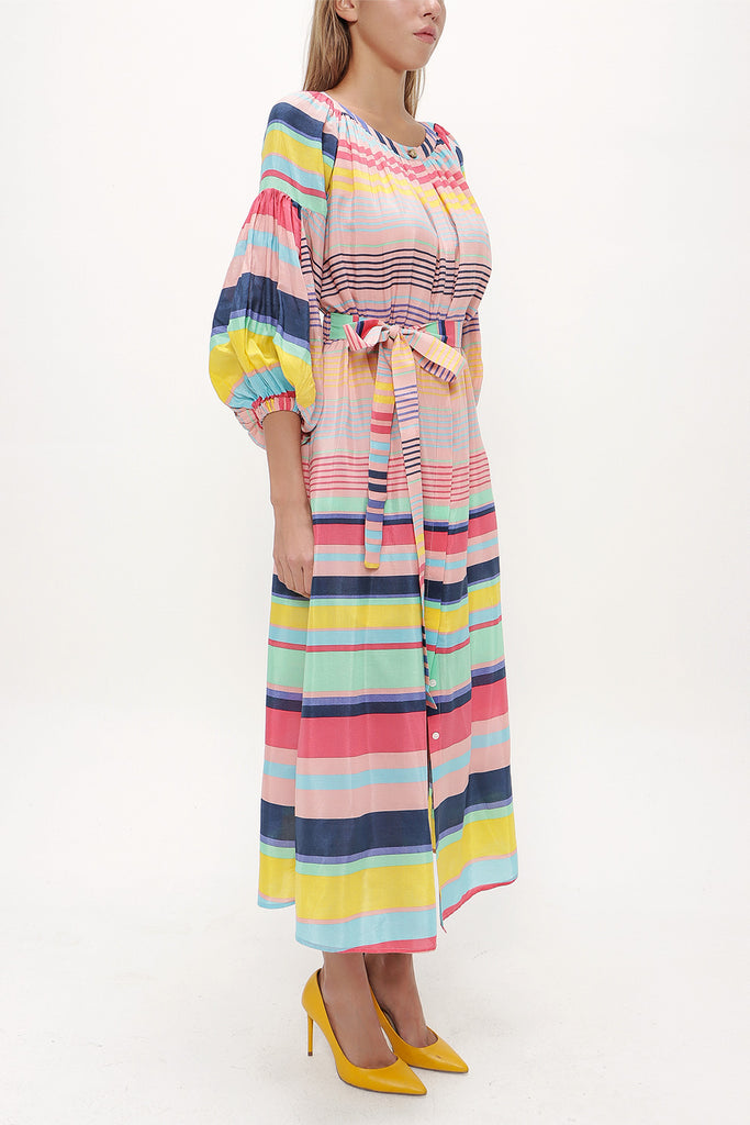 Striped Elastic balloon sleeve maxi dress 92718