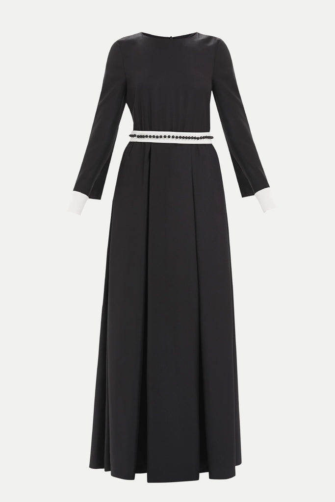İnci Kemerli Uzun Elbise Siyah 92468