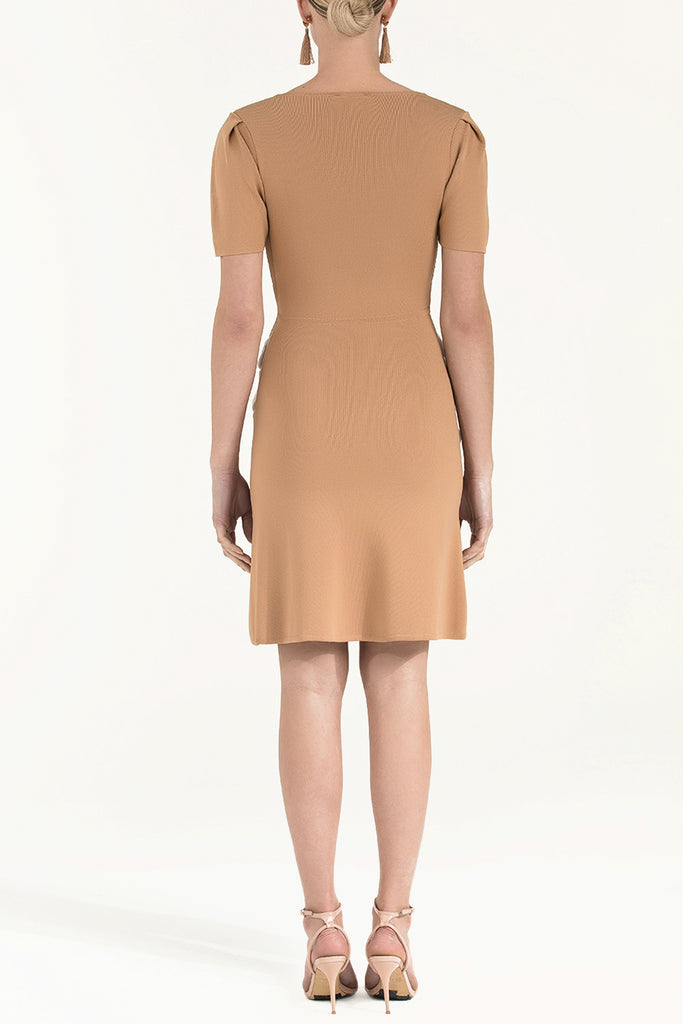Kontrast Kumaşlı Triko Elbise Bej 28053