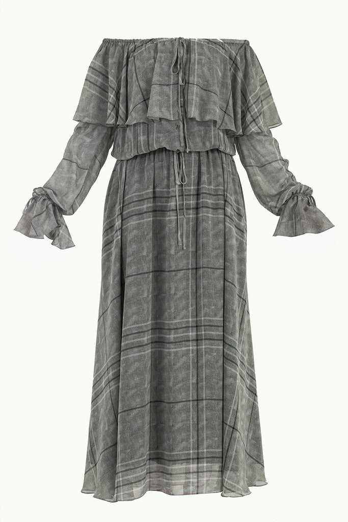 Valonlu Düşük Omuz Şifon Elbise Füme 92303