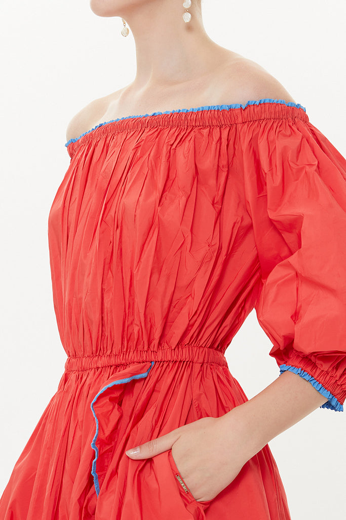 Coral Balloon sleeve elastic shoulder Pleated skirt maxi dress 93398