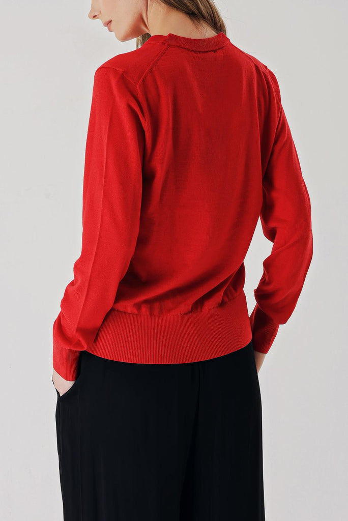 Red V-neck wool knit sweater 28868