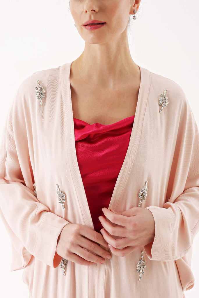 Pembe Taş işlemeli uzun kollu kaftan 94467